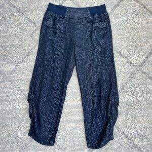 Soft Surroundings  XS Navy Silver Metallic Linen Blend Crop Pull On Pants